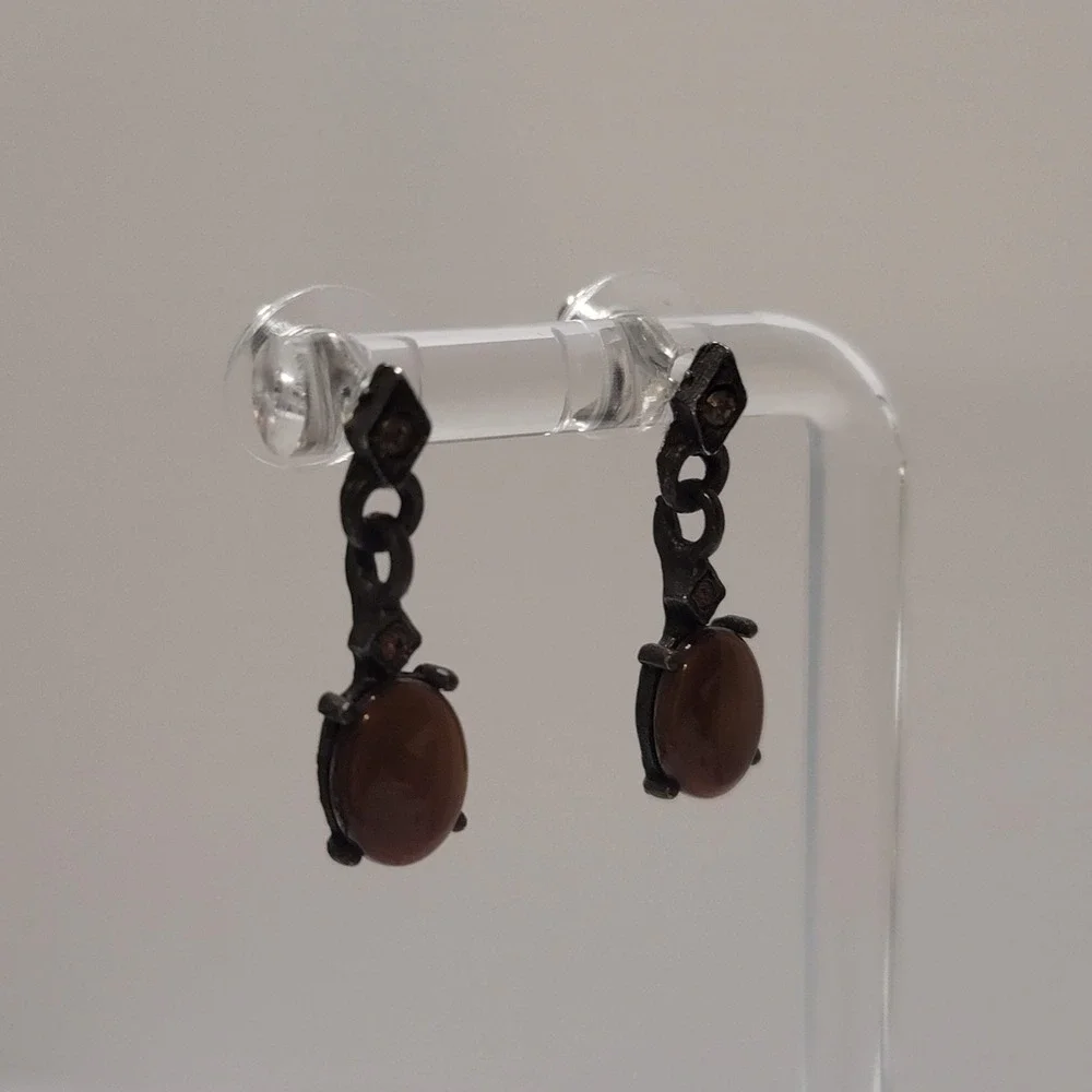 Vintage Gunmetal Brown Cabochon Drop Earrings Gothic Antique Style Dangle‎